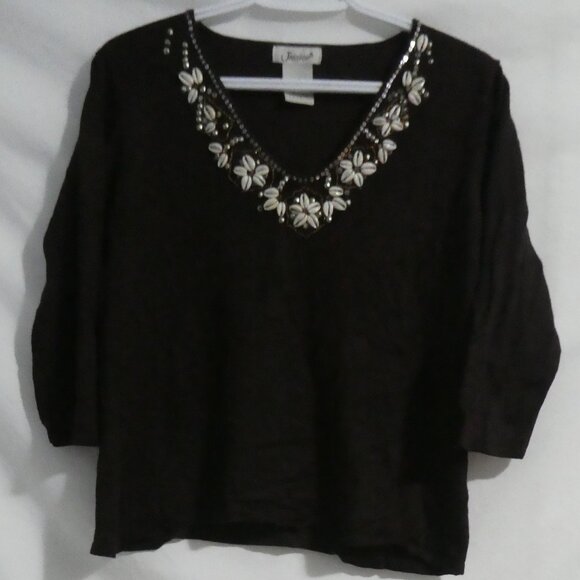 JESSICA | large | Brown V-Neck Sweater with Sequin & Sea Shell Floral Design - Picture 1 of 15